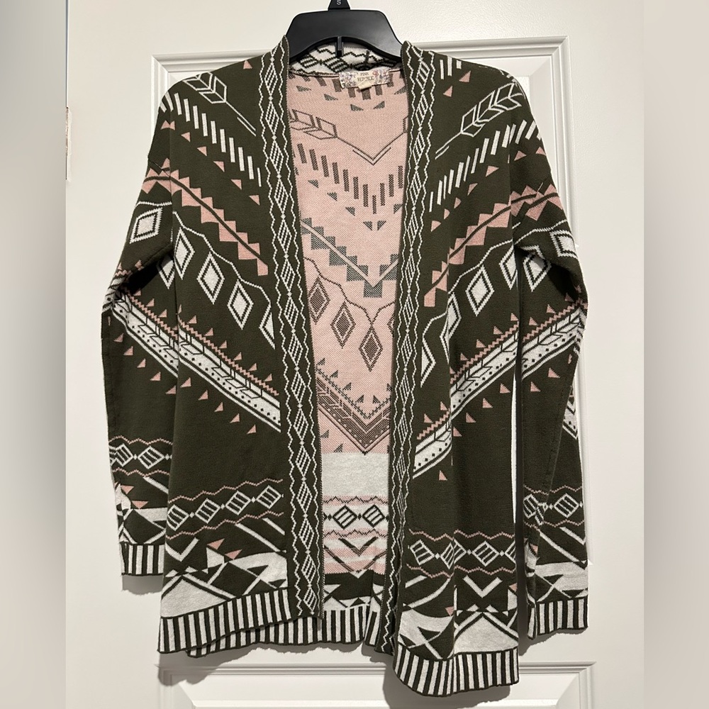 Geometric Cardigan - Pink and Olive Green Small